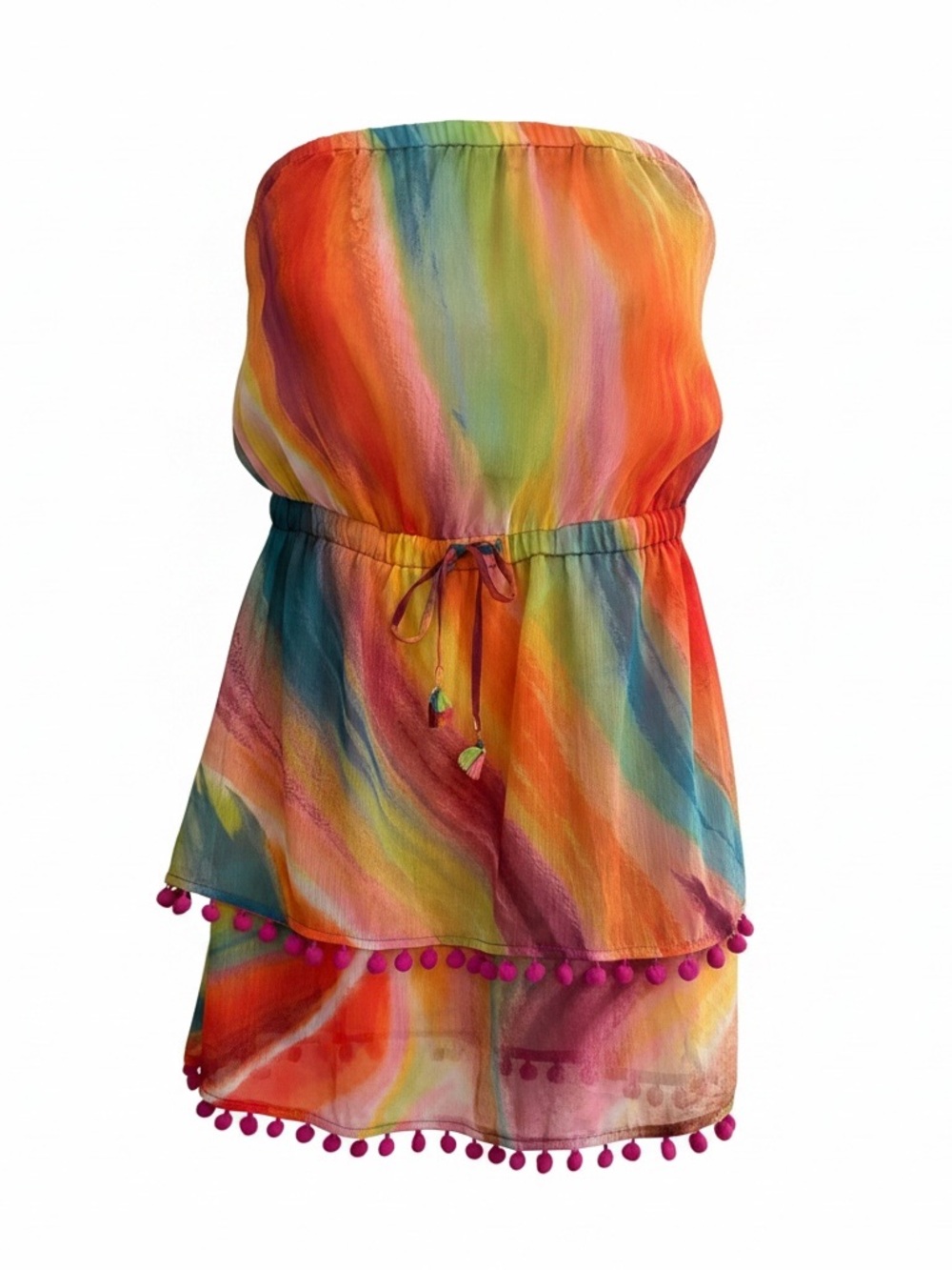 Bleu Rod Beattie Swim Cover-Up Medium Vibrant Watercolor Pom-Pom Tunic